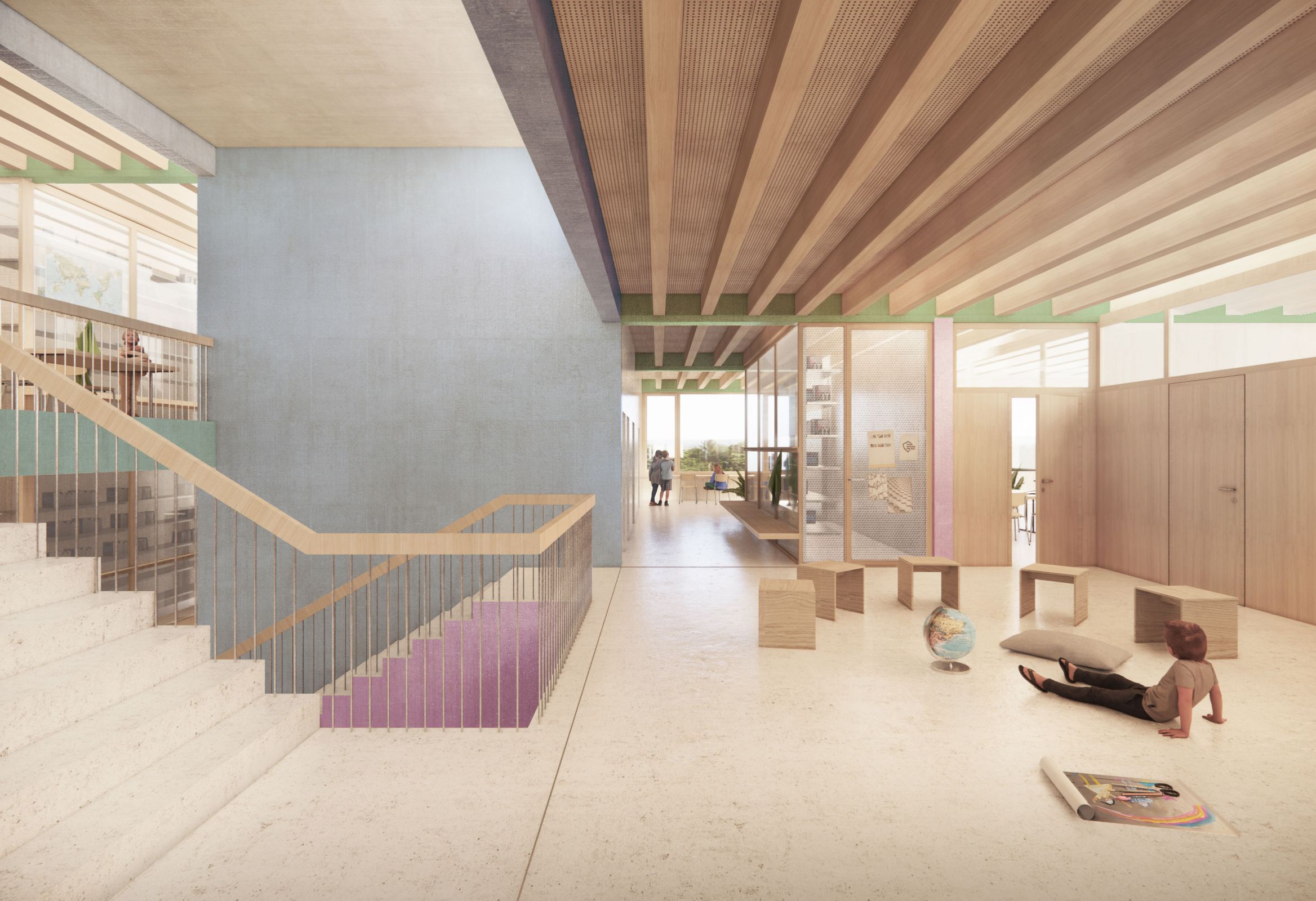 An airy open space around the central stairwell supplies daylight to the surrounding classrooms and creates multidirectional visual relationships lukas_raeber_walenbach_innen_2preis