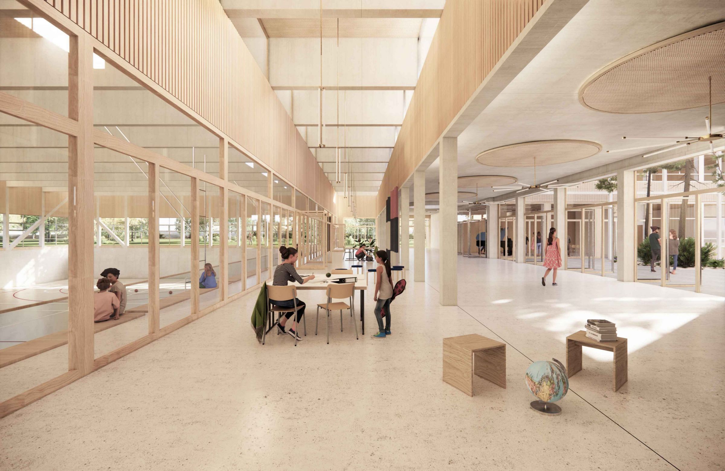 The “rue intérieure” links all of the school’s functions on the ground floor, providing common spaces that offer a variety of areas for studying and relaxation lukasraeber_ruggell_2_rang_lernzone