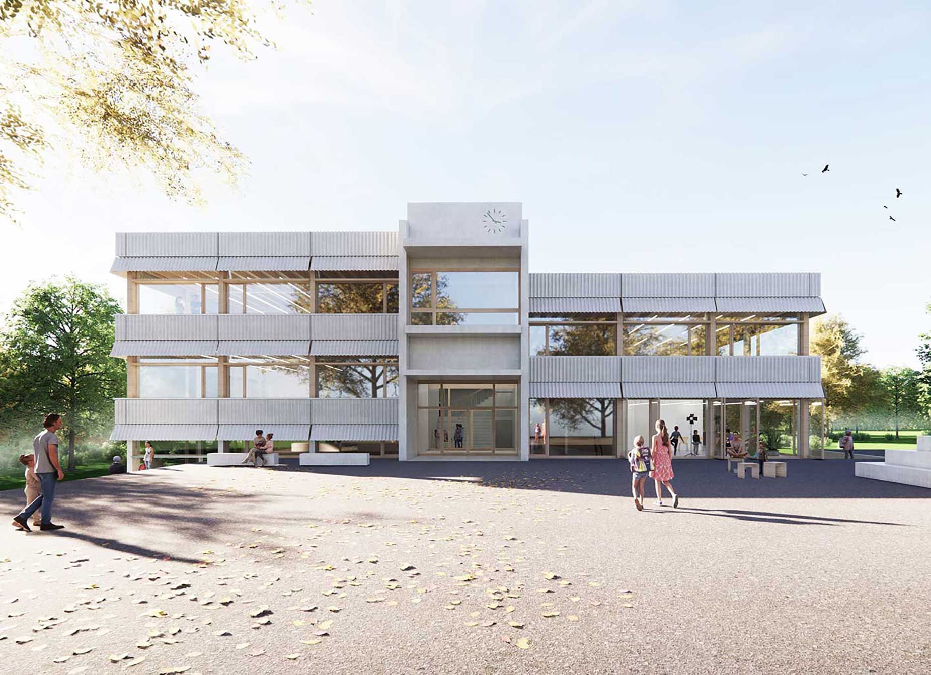 The new building extends the existing campus and creates a central meeting space lukas_raeber_walenbach_aussen_2preis_con