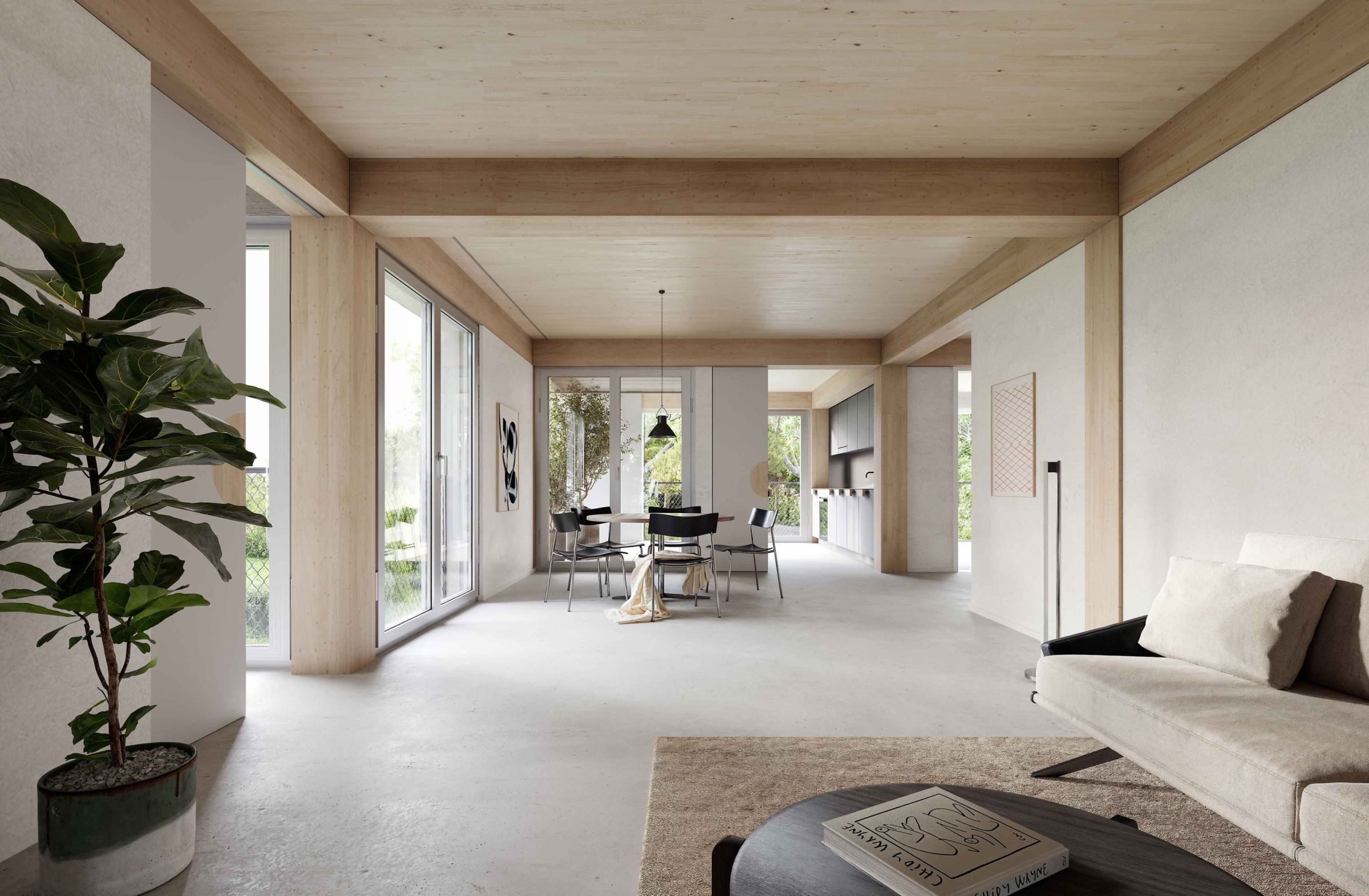 The timber grid construction gives the interior its distinctive atmosphere ©artefactory Lukas_Raeber_artefactory_stettbach_int