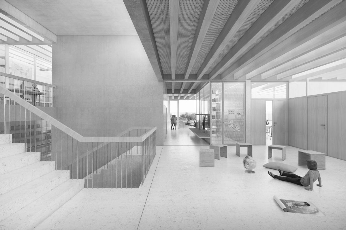 An airy open space around the central stairwell supplies daylight to the surrounding classrooms and creates multidirectional visual relationships lukas_raeber_walenbach_innen_2preis