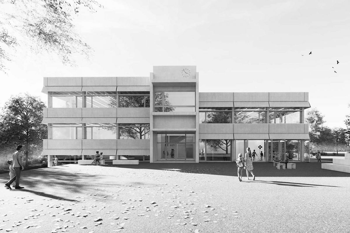 The new building extends the existing campus and creates a central meeting space lukas_raeber_walenbach_aussen_2preis_con