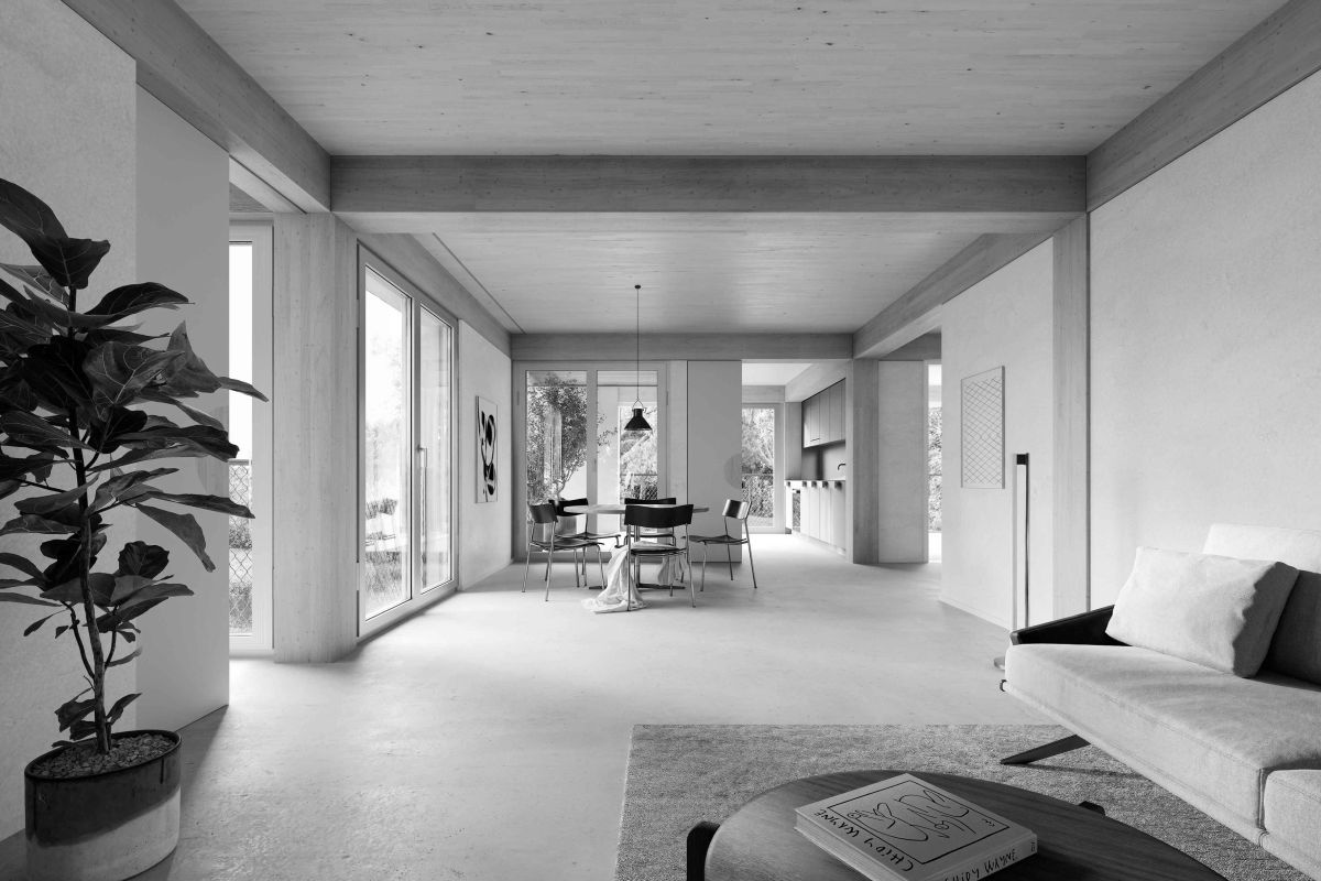 The timber grid construction gives the interior its distinctive atmosphere ©artefactory Lukas_Raeber_artefactory_stettbach_int
