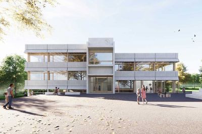 The new building extends the existing campus and creates a central meeting space lukas_raeber_walenbach_aussen_2preis_con
